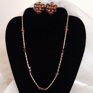 1/2 Price 1970's Necklace Set Amber Smoky Grey Crystal's CLIP Earrings Gol…